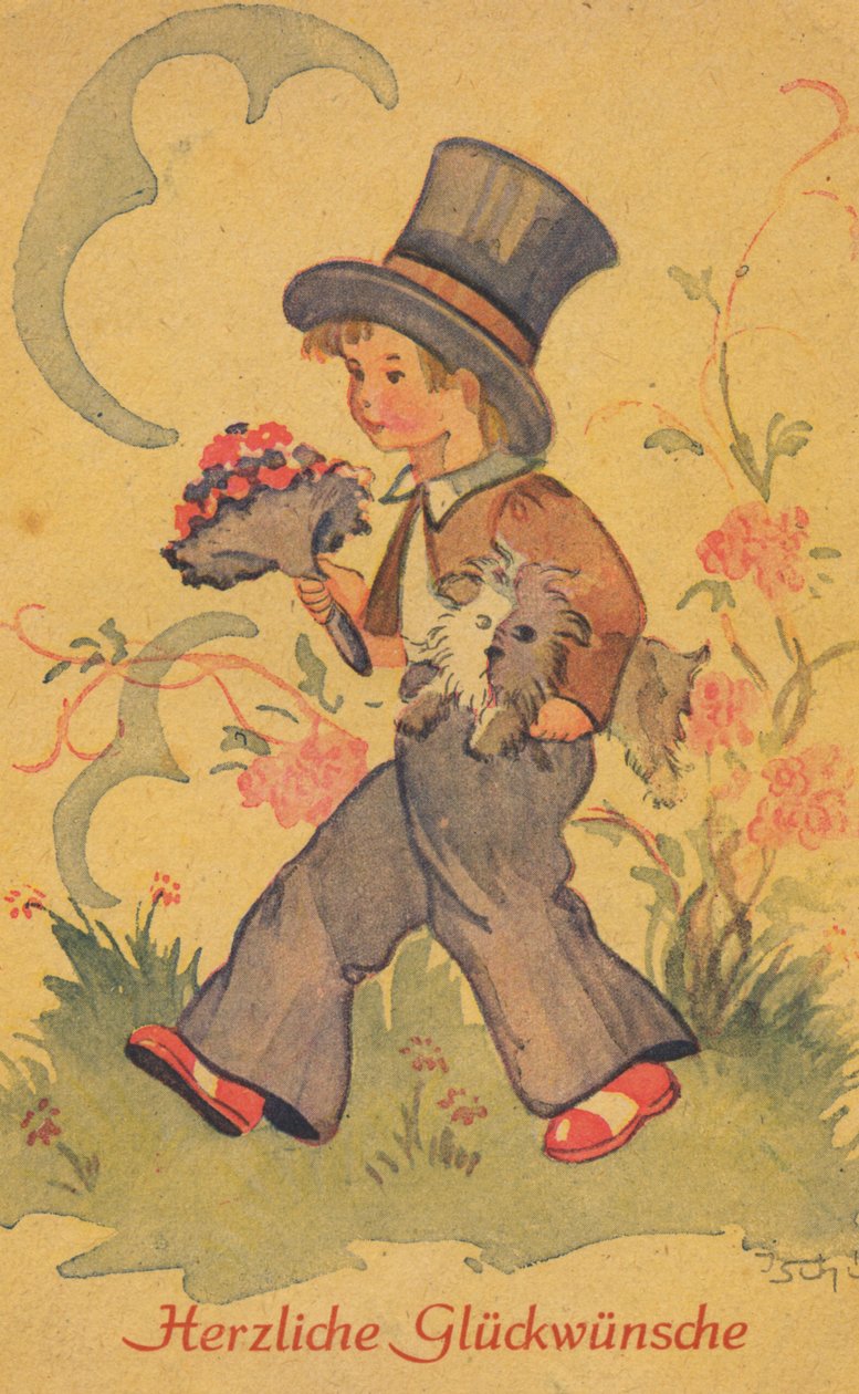 Cartão postal histórico com um menino com um ramo de flores e um pequeno cão, cartão de felicitações de Unknown artist