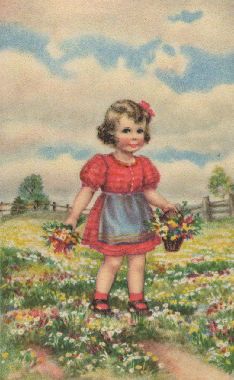 Cartão postal histórico com uma rapariga feliz no prado, cartão de felicitações de Unknown artist