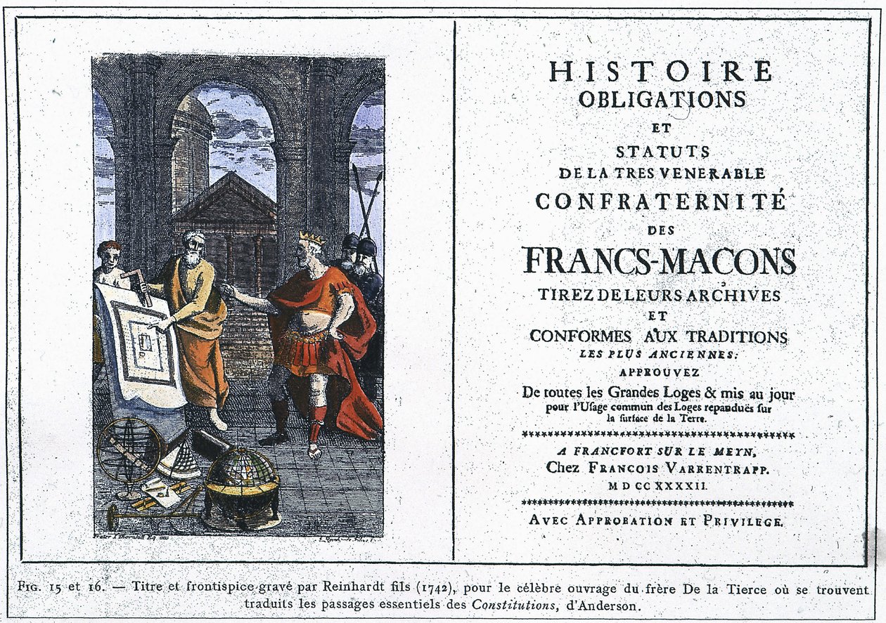Obrigações Históricas e Estatutos da Mais Venerável Confraria dos Maçons Livres: Título e frontispício gravados por Reinhardt Jr. (1742), para a famosa obra do Irmão do Terceiro, onde são traduzidas as passagens essenciais da "Con de Unknown artist