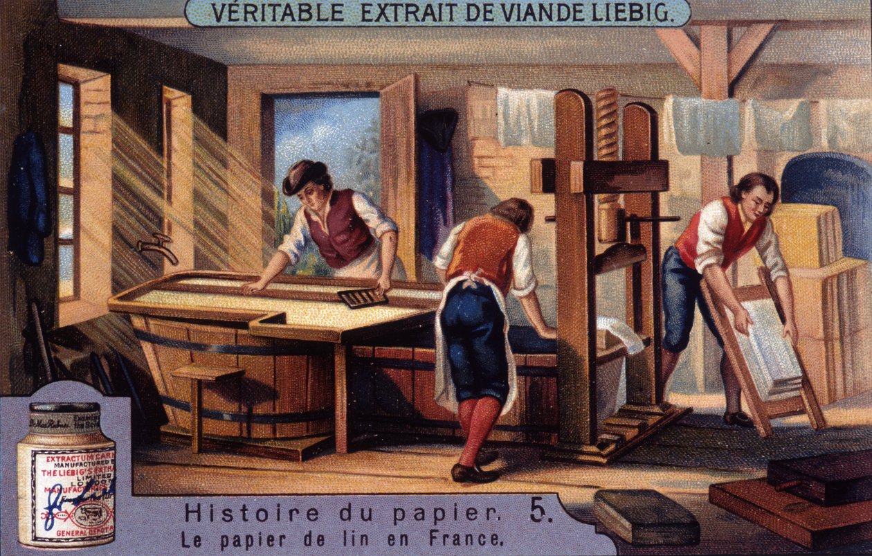 História do Papel. 5. O papel de linho em França. Cromolitografia de Liebig de Unknown artist