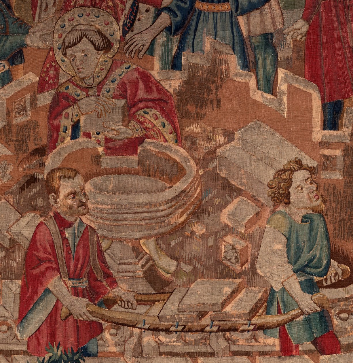 História de Saint Piat e Saint Eleuthère, Cena 5, Detail.Mid. A santa, os pedreiros e a pia batismal. de Unknown artist