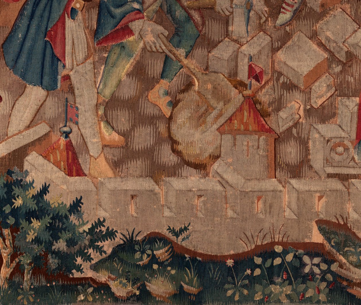 História de Saint Piat e Saint Eleuthère, Cena 5 Detalhe deixado abaixo. Muros da cidade e arbustos. de Unknown artist