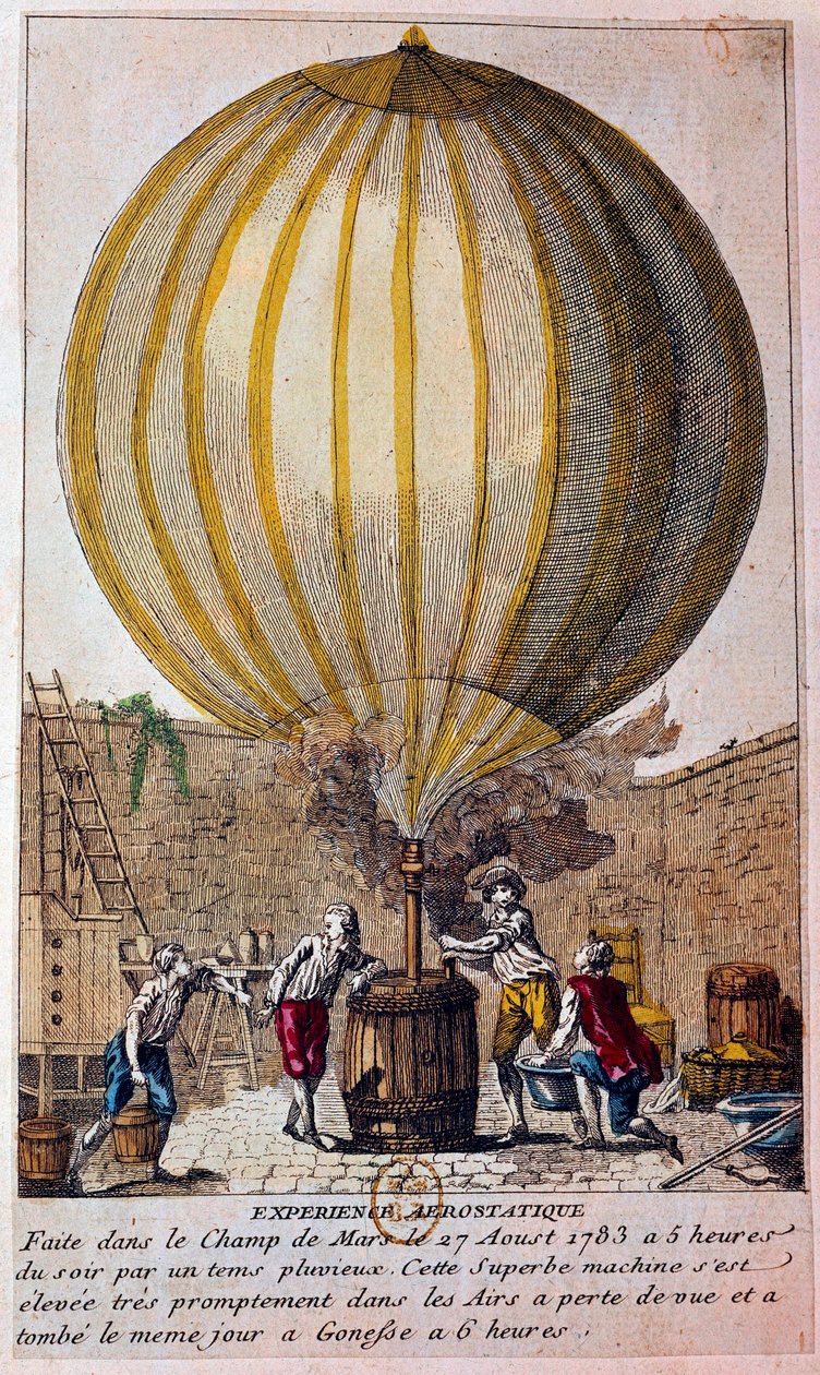 História dos balões: experiência aerostática realizada no Champ de Mars em Paris em 27/08/1783: o balão é enchido com gás hidrogênio por Jacques Charles (1746-1823). Gravura do século XVIII em Paris, B.N. de Unknown artist