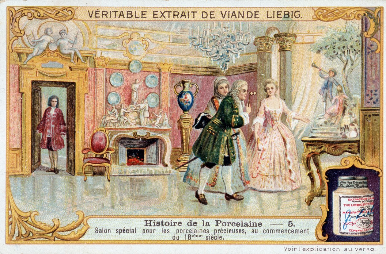História da porcelana: salão especial de porcelanas preciosas, no início do século XVIII - Liebig Chromolithography de Unknown artist