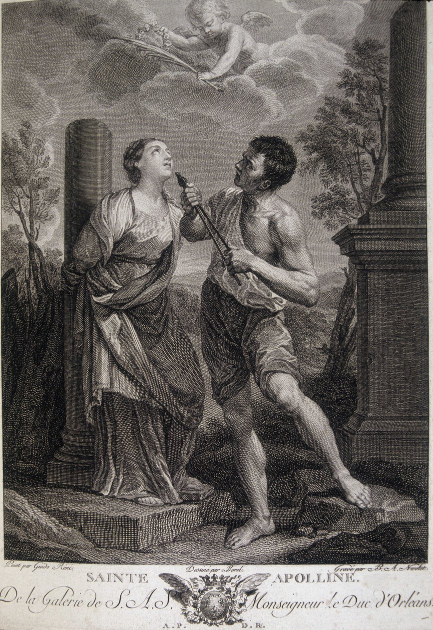 Santa Appoline durante as perseguições fica com os dentes partidos porque se recusou a prestar homenagem aos deuses romanos. Gravura do século XVII. de Unknown artist