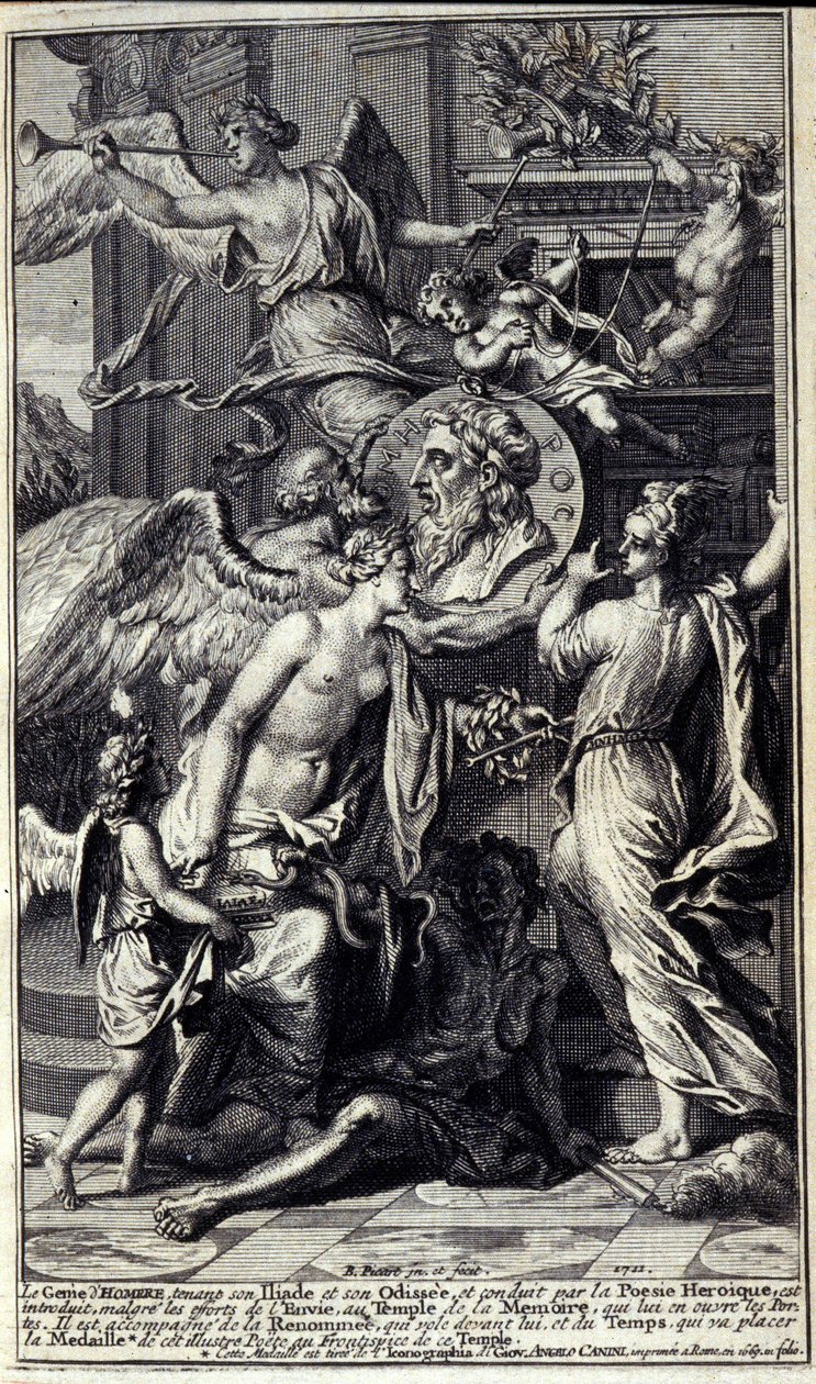 O génio de Homere, segurando a sua Ilíada e a sua Odisseia, e conduzido por uma poesia heróica, é apresentado, apesar dos esforços da Inveja, ao templo da memória, que abre as suas portas. Ele é acompanhado pelo Renommee que voa diante dele, e o Tempo, que de Unknown artist