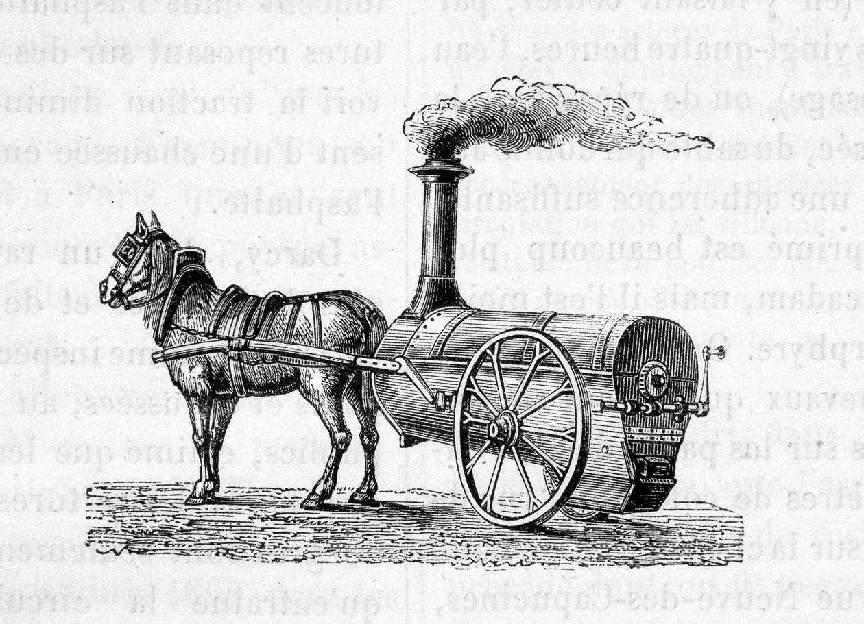Cavalo puxando uma máquina a vapor - em "The Wonders of Industry" de Figuier de Unknown artist