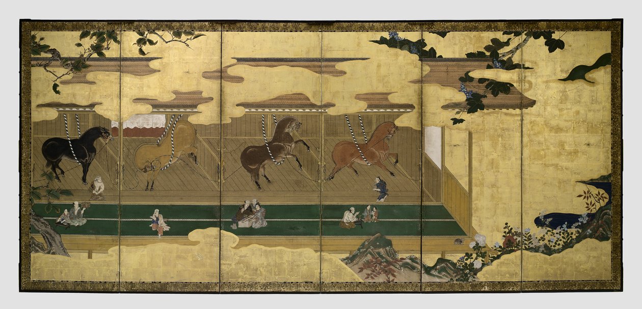 Cavalos nos estábulos (Umaya-zu byobu) de Unknown artist