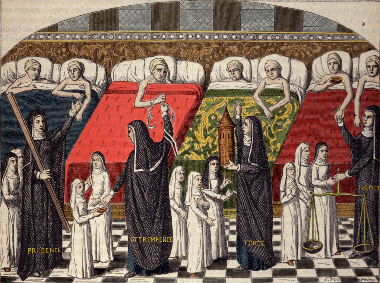 Quarto de hospital no Hotel Dieu, em Paris. As boas irmãs são designadas pelo nome de virtudes: prudência, temperança, força e justiça. Gravura depois de uma miniatura do século XV. de Unknown artist