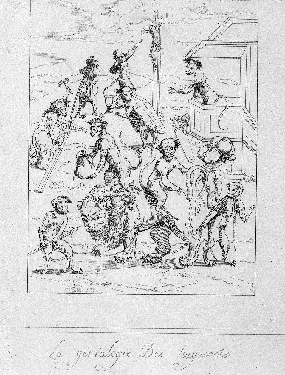 Genealogia Huguenot: caricatura dos protestantes em macacos - gravura de Unknown artist