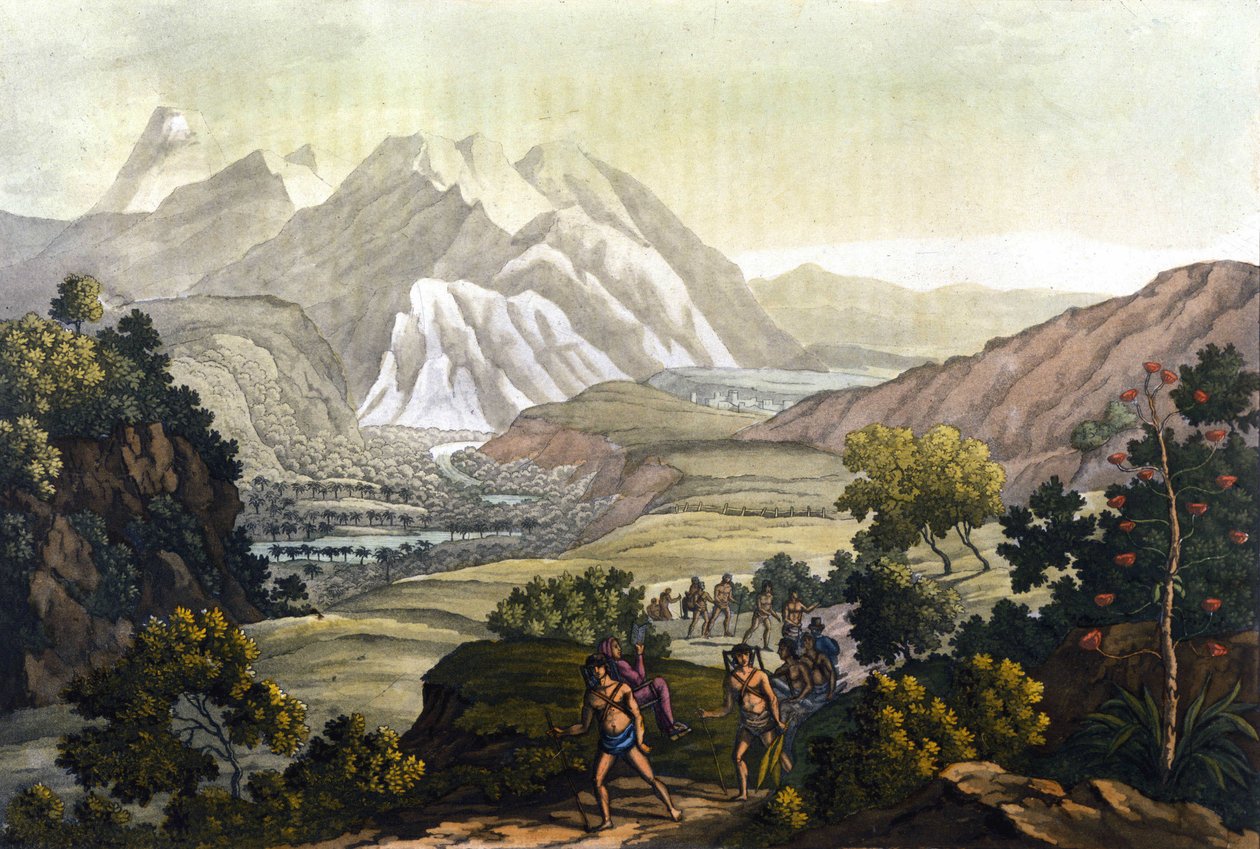 Humboldt e Bonpland atravessam a montanha de Quindiu em cadeiras de transporte. Da viagem aos Andes de Alexander Von Humboldt (Alexandre de Humboldt de Unknown artist