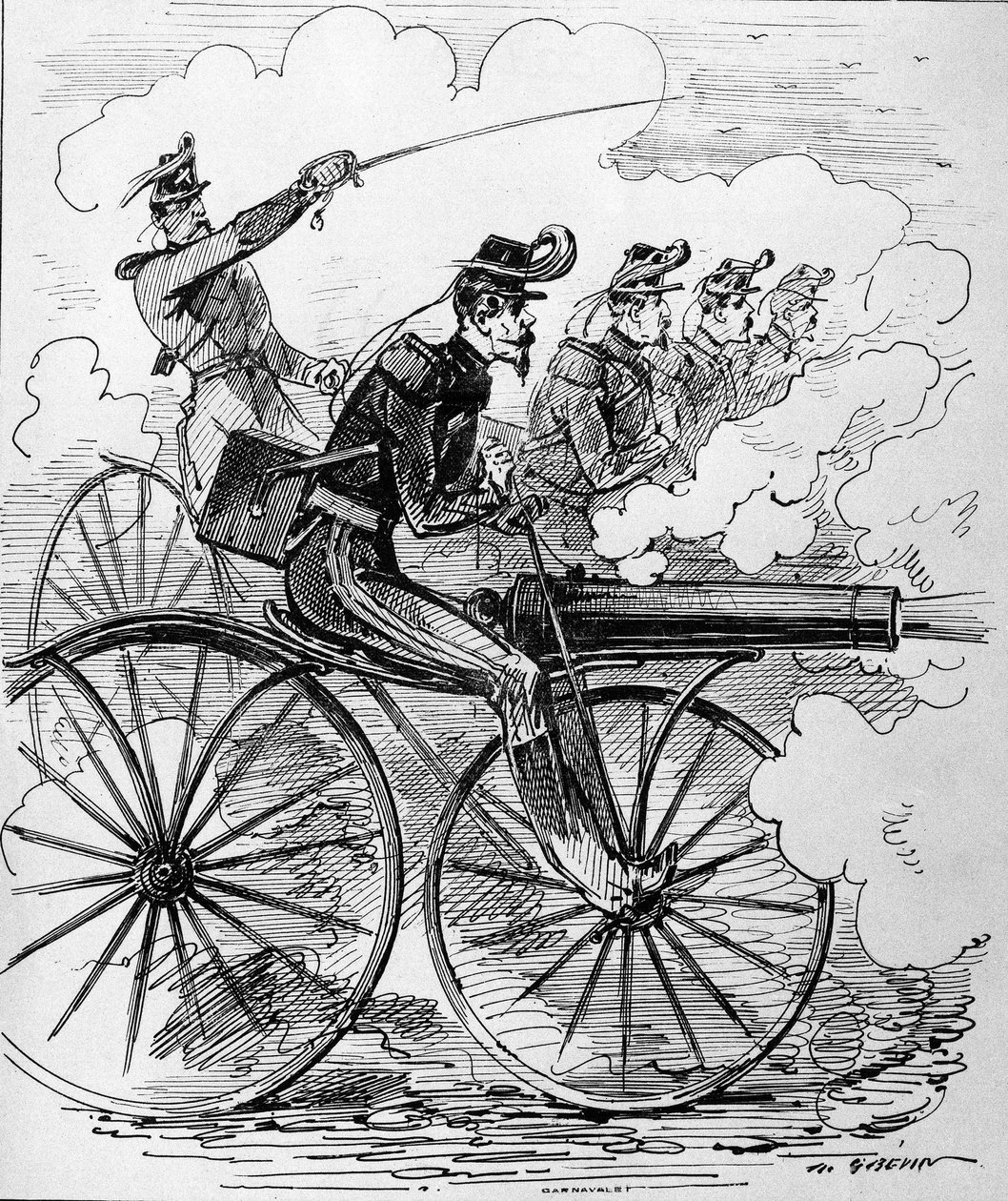 Gravação humorística: Velocipedomania aplicada a metralhadoras - século XIX. de Unknown artist