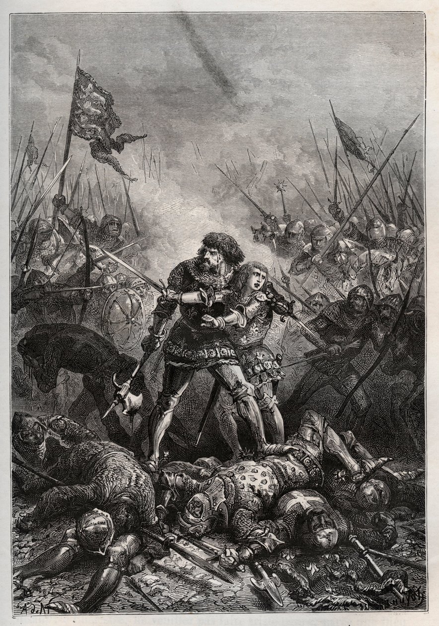 Guerra dos Cem Anos: Rei de França João II o Bom e seu filho Felipe II de Borgonha (1342-1404), conhecido como "Philippe le Hardi", combatendo os ingleses na Batalha de Poitiers em 19/09/1356) (Rei de França João II de França (1319-1364) e seu filho Felipe de Unknown artist