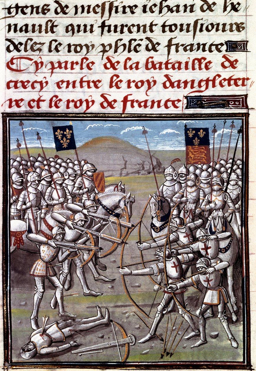 Guerra dos Cem Anos: a batalha de Crecy em 26/08/1346 entre os franceses e os ingleses. Miniatura das Crónicas de Jean Froissart (1337-1400) de Unknown artist