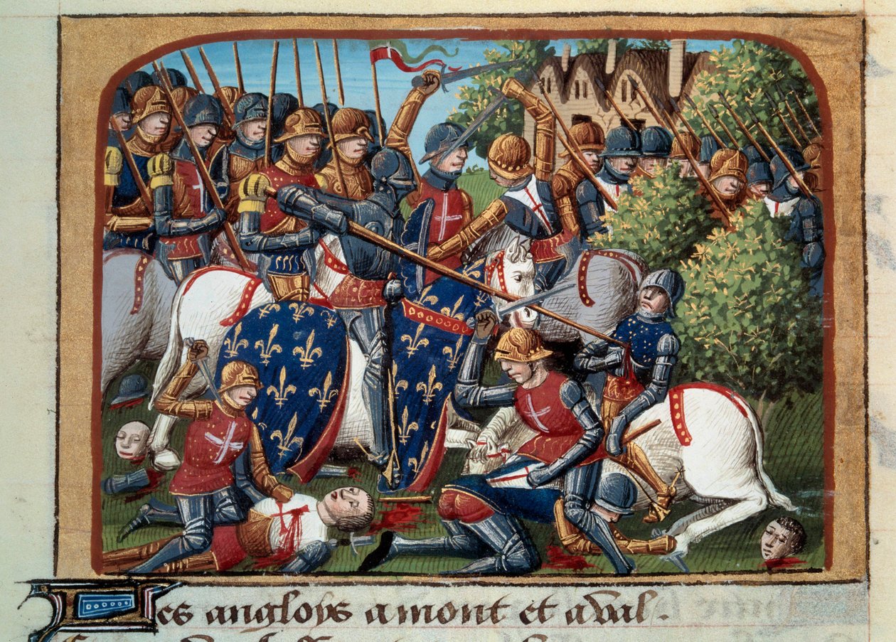 Guerra dos Cem Anos: a batalha de Formigny (Calvados) em 15/04/1450 entre o exército inglês de Thomas Kyriell e Jean de Clermont. Miniatura iluminada a partir do manuscrito "Vigiles du roi Charles VII" nas crônicas de Jean Chartier, editado por Mar de Unknown artist