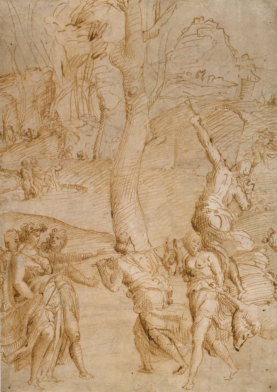 Cena de caça (anverso); dois estudos de um par de deuses do rio reclinados (), uma frente de sarcófago () verso de Unknown artist