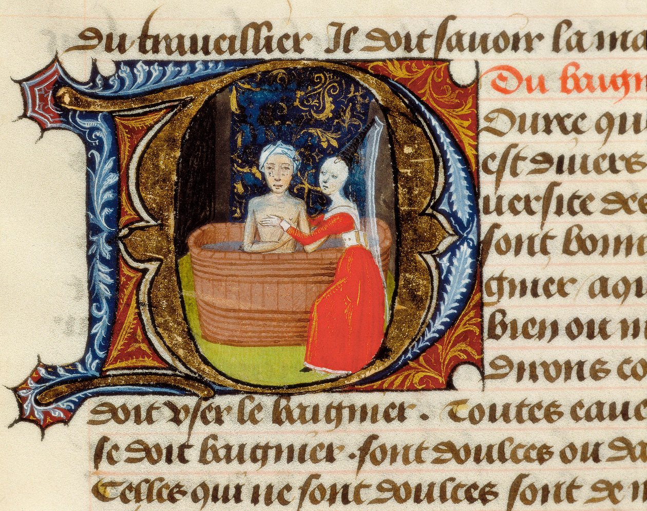 Higiene e benefícios do banheiro, do Tratado de Medicina da Aldebrande de Florença, manuscrito de Unknown artist