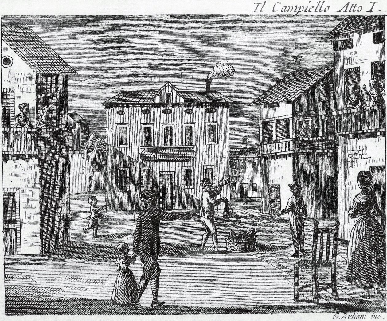 Il Campiello Acto I - Carlo Goldoni (1707-1793) - Gravura do século XVIII de Unknown artist