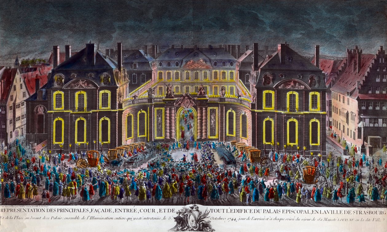Iluminações do palácio episcopal da cidade de Estrasburgo durante as celebrações dadas pela cidade durante a estadia do rei Luís XV (1710-1774) em convalescença após uma grave doença em 5/10/1744. Período Imprimir Coleção Privada de Unknown artist