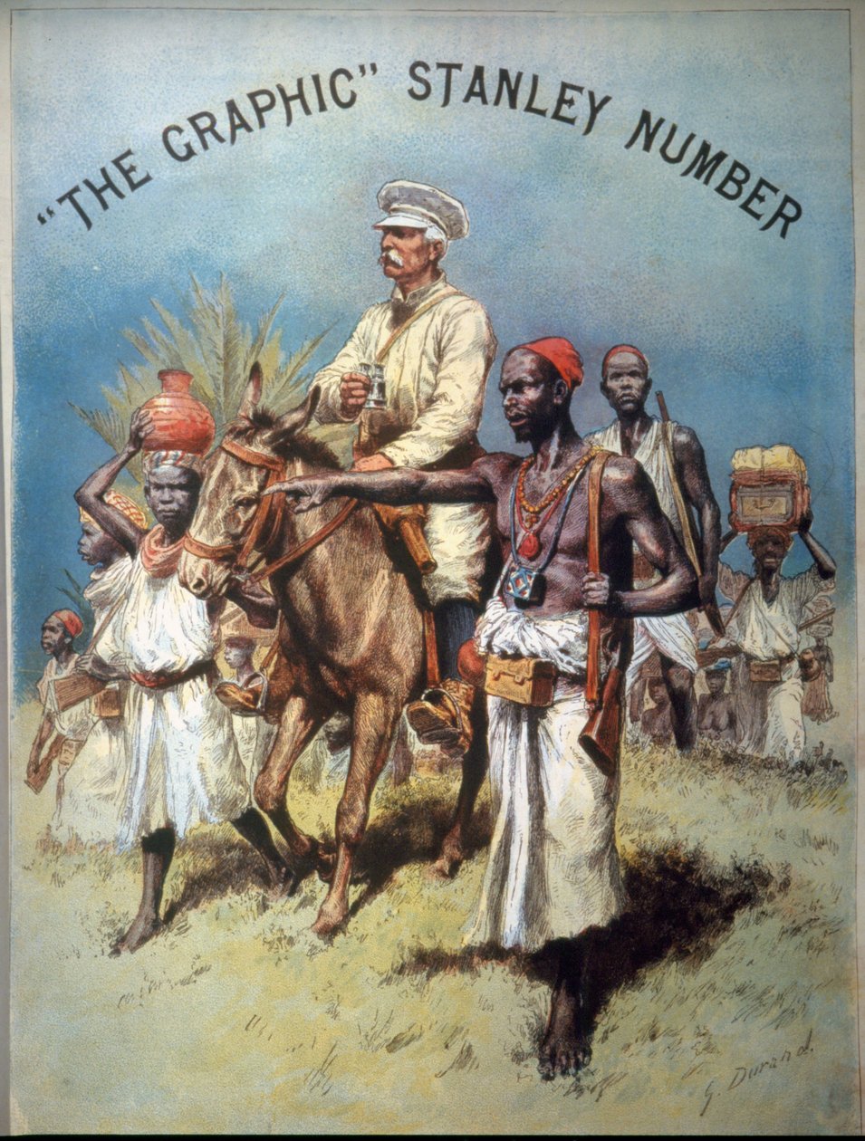 Ilustração retratando o explorador e jornalista Henry Morton Stanley (1841-1904) durante uma de suas expedições. Cromolitografia. de Unknown artist