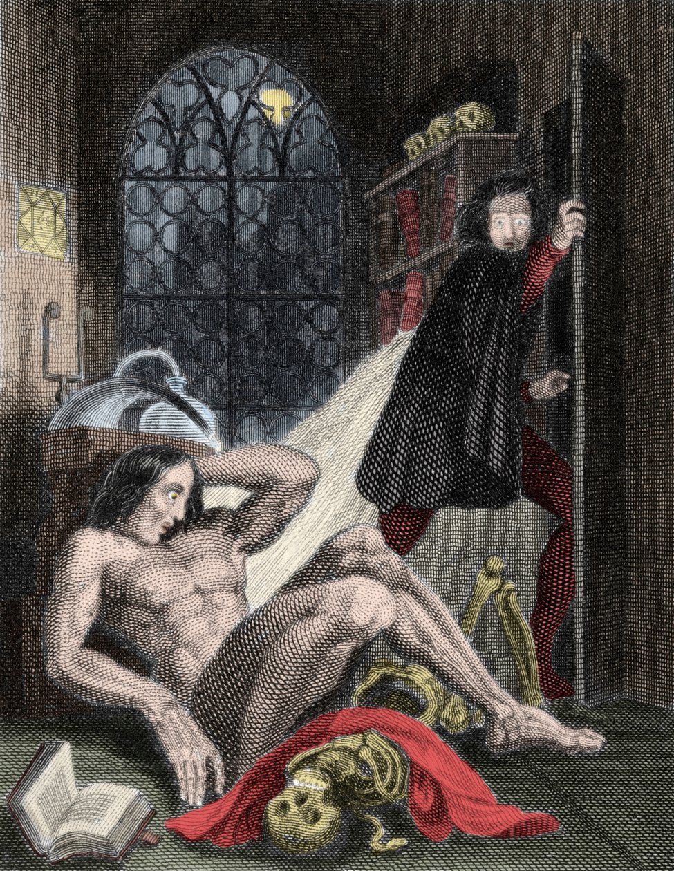Ilustração para "Frankenstein" da escritora britânica Mary Wollstonecraft Shelley (1797-1851). 1831: "Pelo vislumbre da luz semi-extinguida, vi o olho amarelo baço da criatura aberta: respirava com força e um movimento convulsivo agitava os seus membros. de Unknown artist