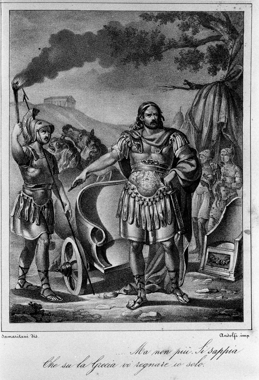 Ilustração para a Cena 1 do Acto IV de "Ajax" (Aiace) do poeta e dramaturgo italiano Ugo Foscolo (1778-1827) Século XIX de Unknown artist