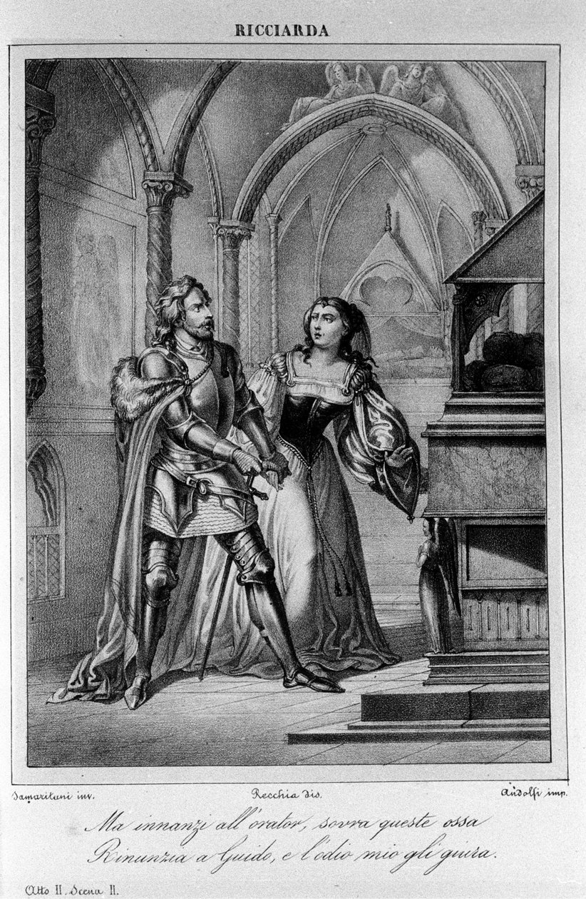 Ilustração para a Cena 2 do Acto II de "Ricciarda" do poeta e dramaturgo italiano Ugo Foscolo (1778-1827) Século XIX de Unknown artist