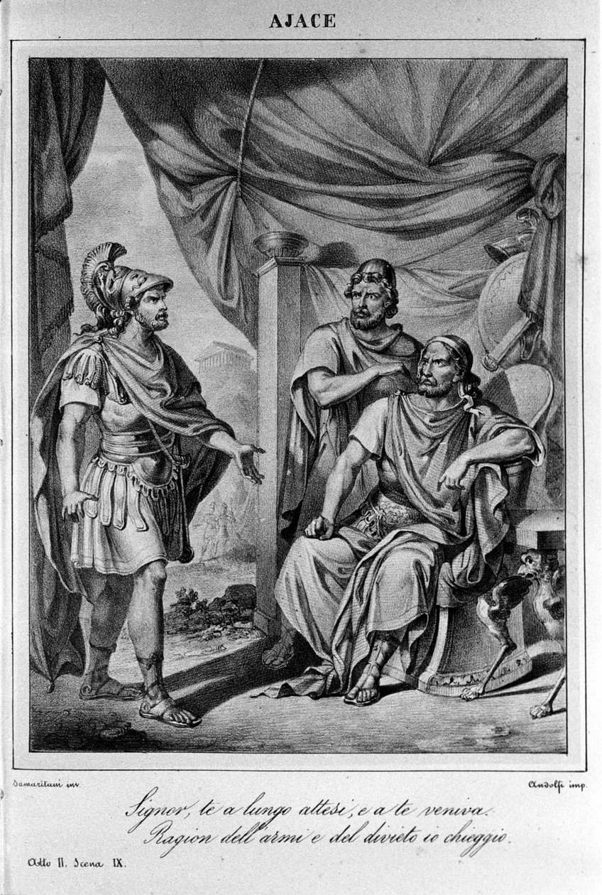 Ilustração para a Cena 9 do Acto II de "Ajax" (Aiace) do poeta e dramaturgo italiano Ugo Foscolo (1778-1827) Século XIX de Unknown artist
