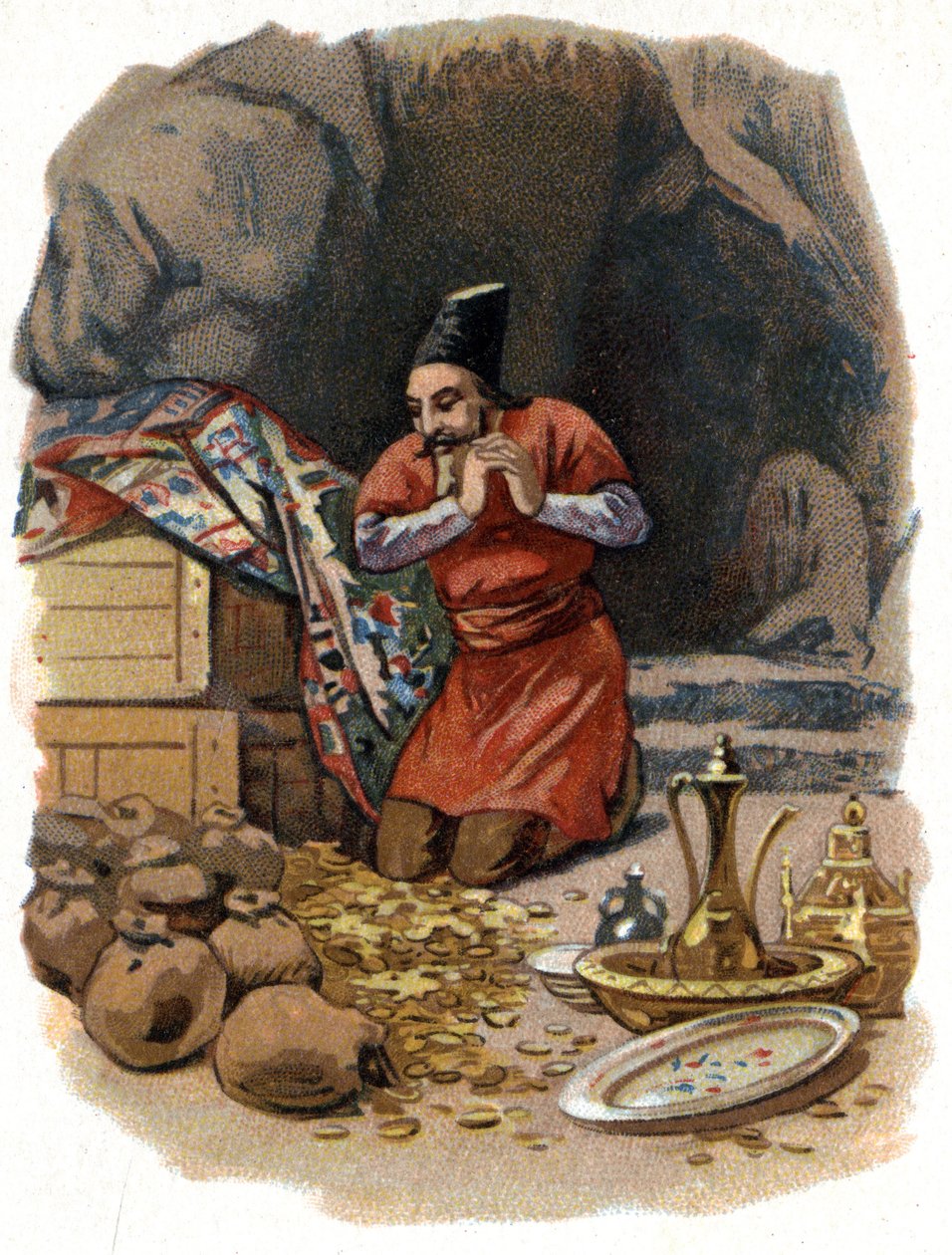 Ilustração para os Contos das Mil e Uma Noites. Ali Babá (Ali-Baba) entra na rocha, dizendo: Sésamo te abre e vê barris de ouro. Cromolitografia por volta de 1890. de Unknown artist