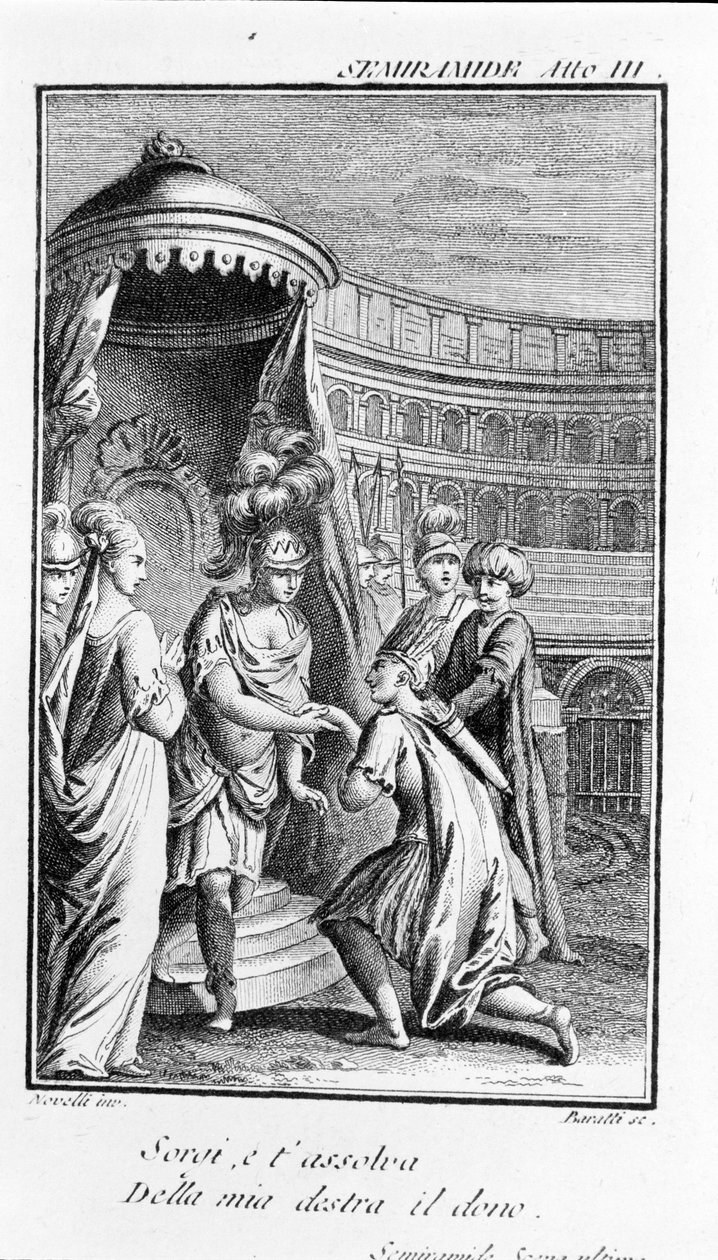 Ilustração de Sémiramis, ópera de Antonio Salieri (1750 - 1825). Livreto de Pierre Metastase (ou Pietro Metastasio). Acto III, última cena. de Unknown artist