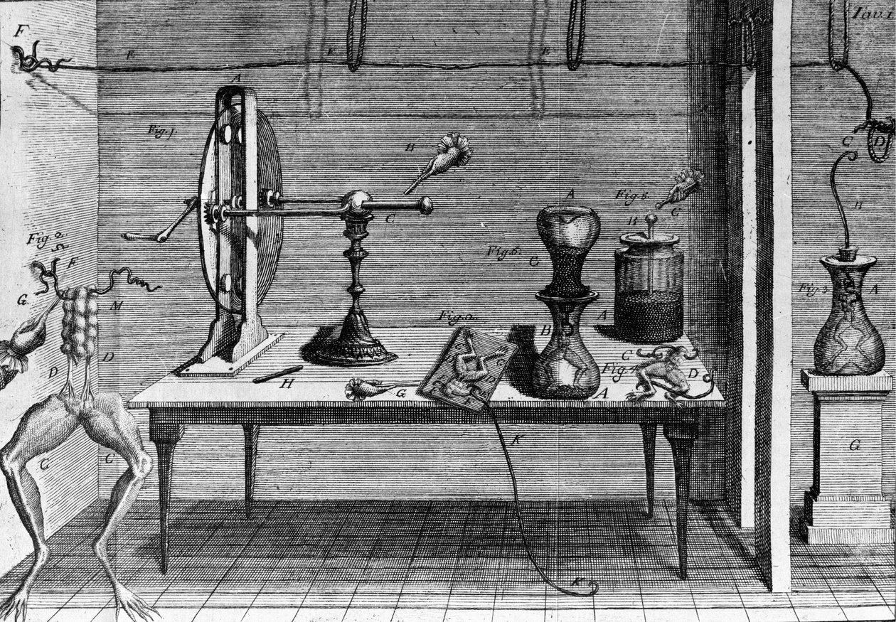 Ilustração de experiências de Luigi Galvani, físico e médico italiano (1737 - 1798) explicando a passagem de corrente elétrica movendo as pernas de um sapo. de Unknown artist
