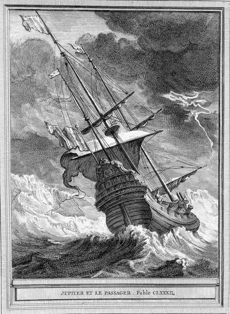 Ilustração da fábula "Júpiter e o passageiro" de Jean de La Fontaine de Unknown artist