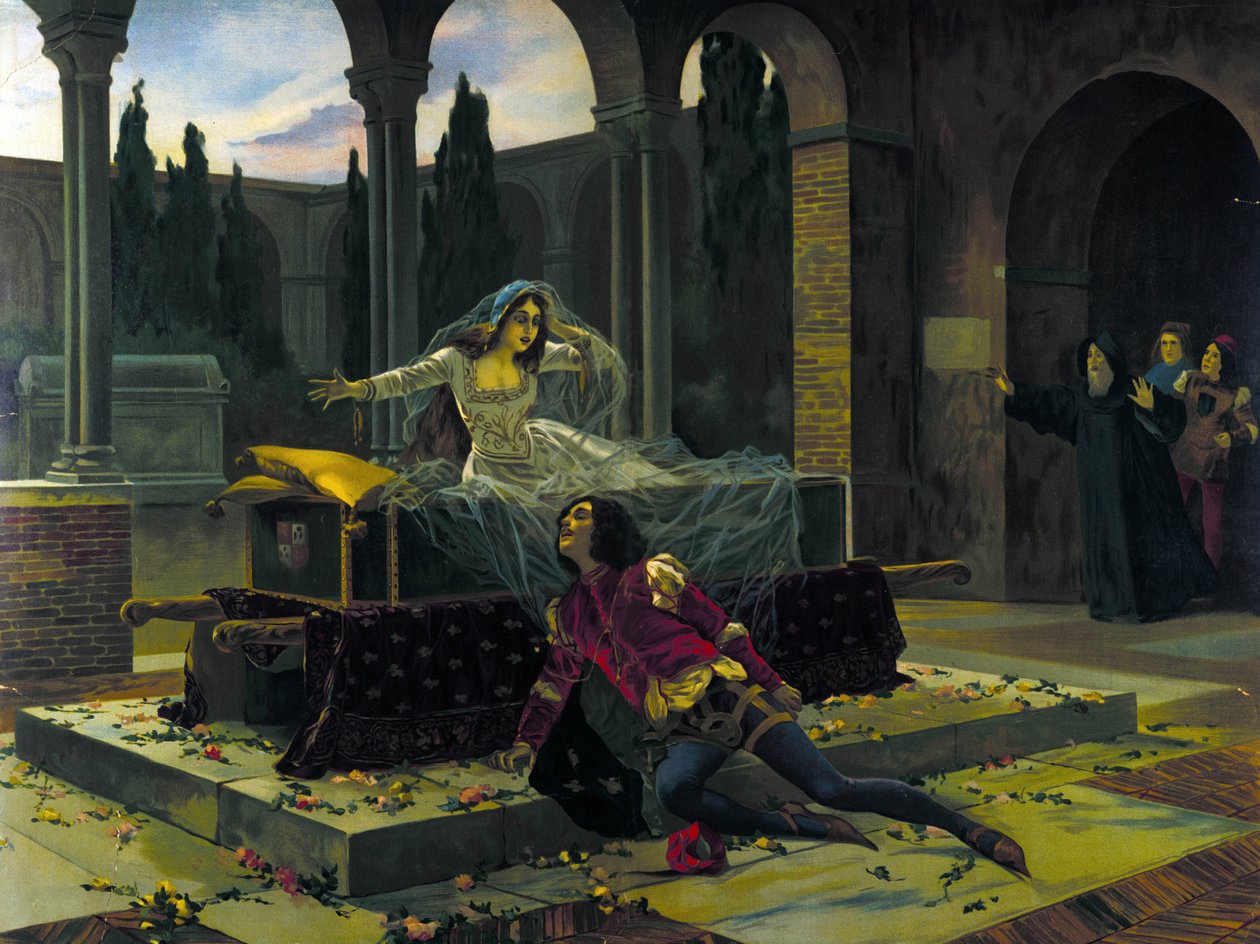 Ilustração da última cena do ballet "Romeu e Julieta" de Piotr ou Petr Ilyich Tchaikovsky (ou Tchaikovsky ou Ciajkovskij ou Tchaikowsky de Unknown artist