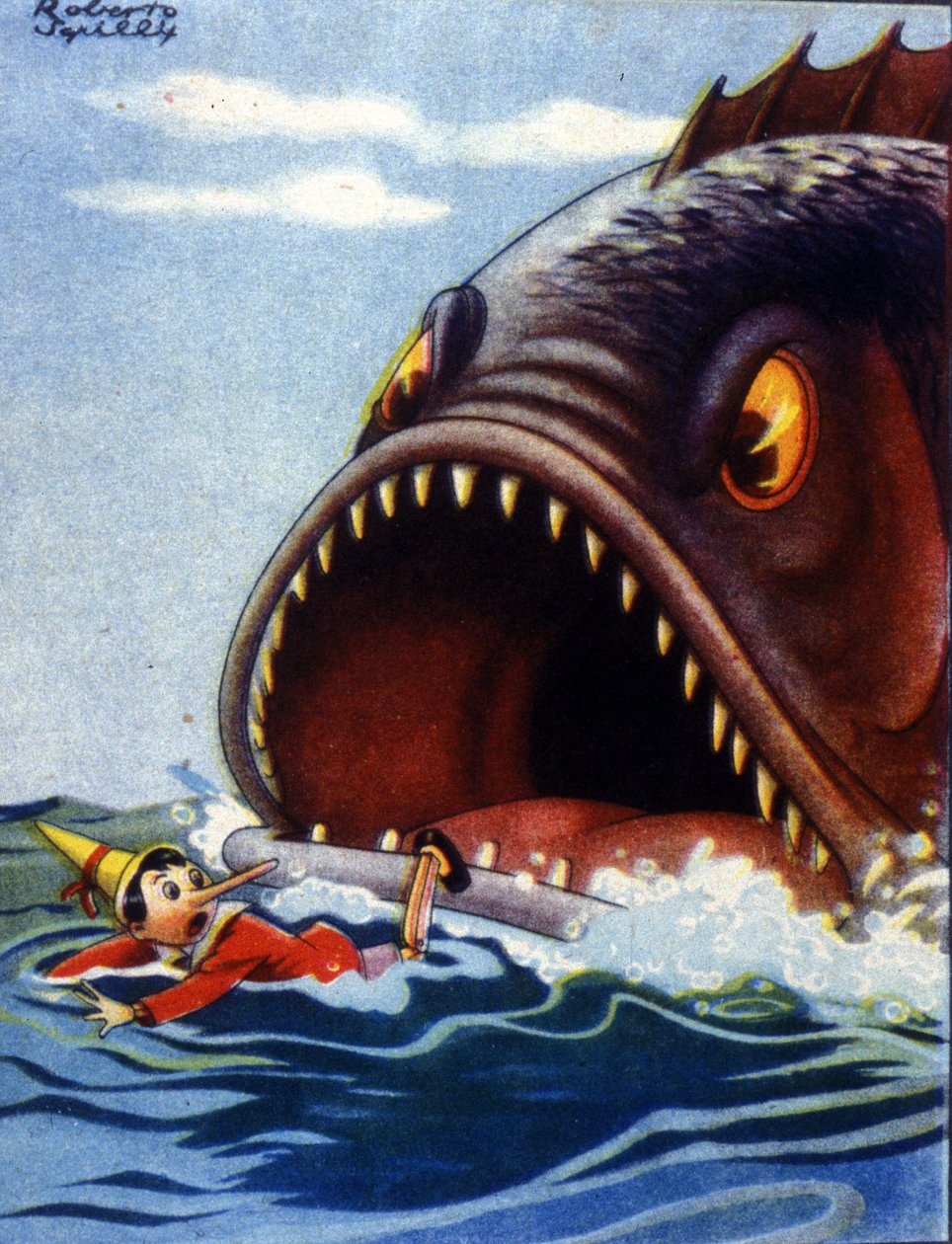 Ilustração do conto Pinóquio de Carlo Collodi. Um peixe enorme está prestes a comer Pinóquio. de Unknown artist