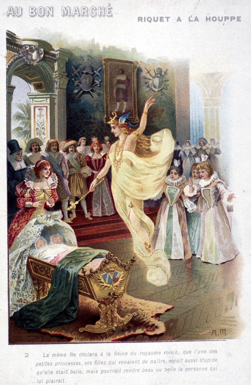 Ilustração do conto "Riquet à la houppe" de Charles Perrault (1697): a fada anuncia à Rainha que a princesa que acaba de nascer será tão estúpida quanto bonita. Cartaz "Au bon marché" do século XIX. de Unknown artist