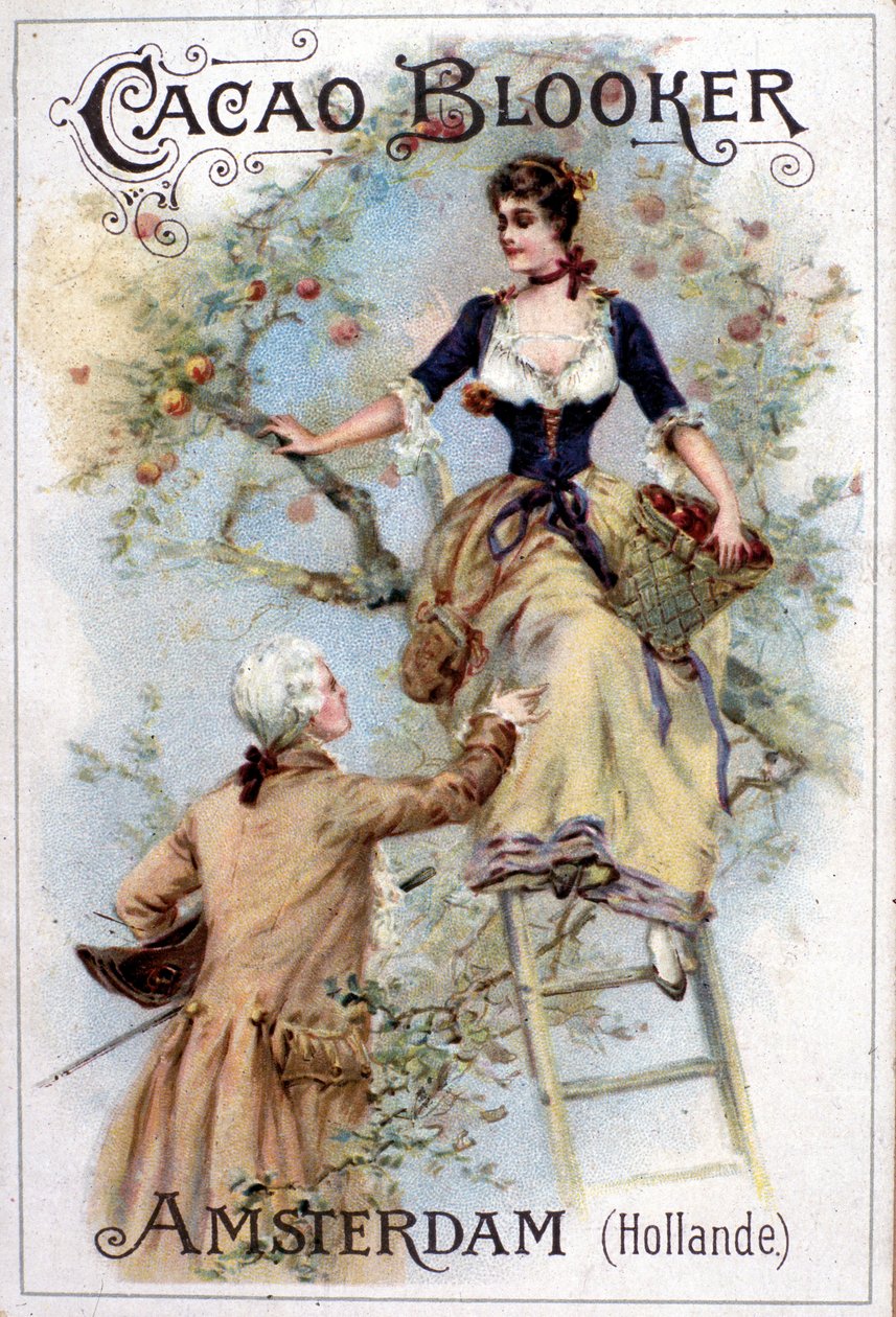 Ilustração publicitária para o cacau Blooker representando um jovem do século XVIII ajudando uma jovem mulher a descer uma escada. de Unknown artist