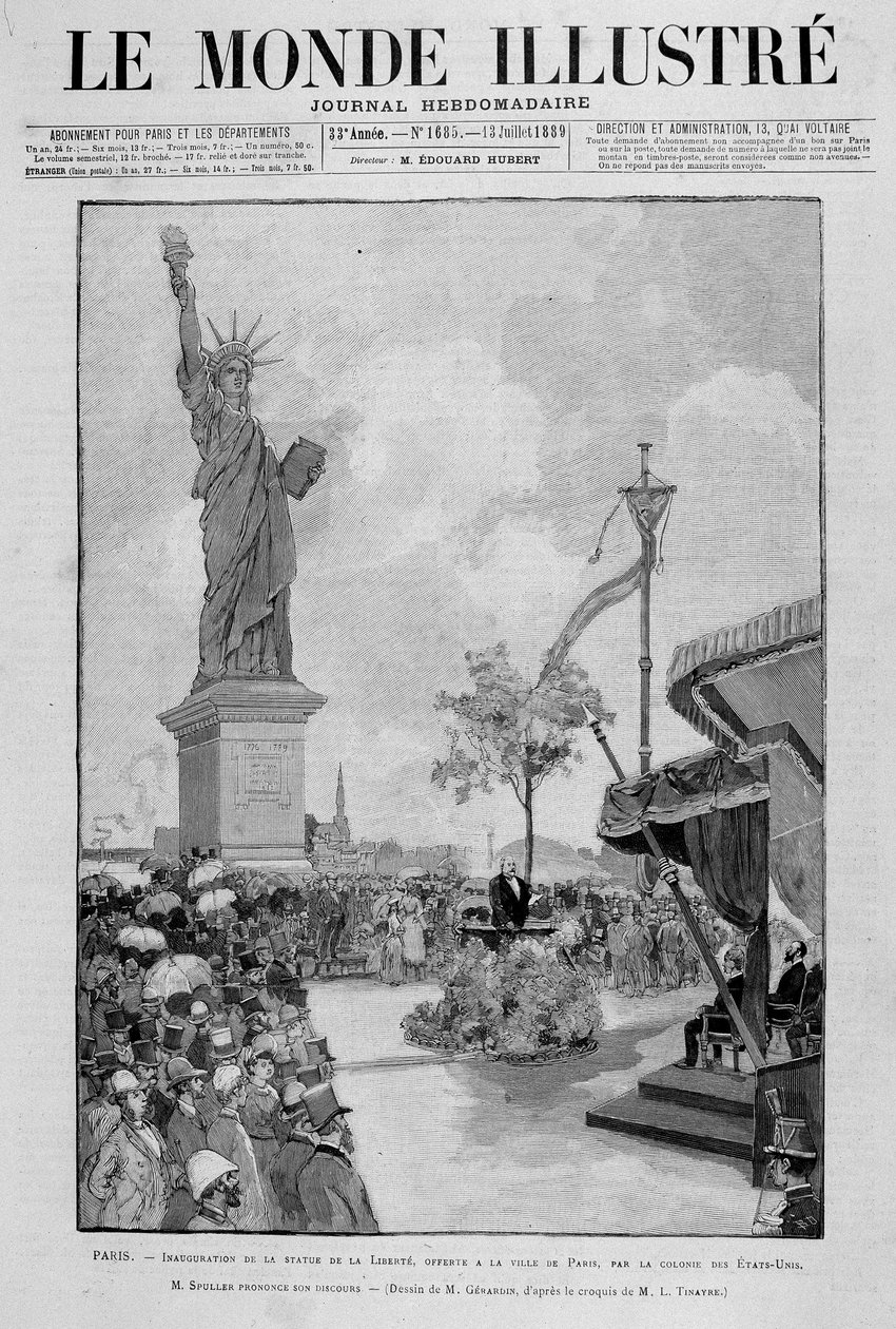 Inauguração da Estátua da Liberdade em redução (réplica), oferecida à Cidade de Paris pelos Estados Unidos - no "The Illustrous World" de 13/07/1889 de Unknown artist