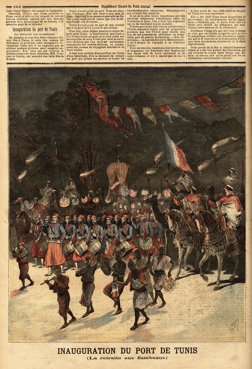 Inauguração do porto de Tunes, na presença dos ministros franceses Raymond Poincare (1860-1934) e Eugene Guerin (1849-1929). Gravura no "Le petit journal" 10/06/1893. A coleção de Selva. de Unknown artist