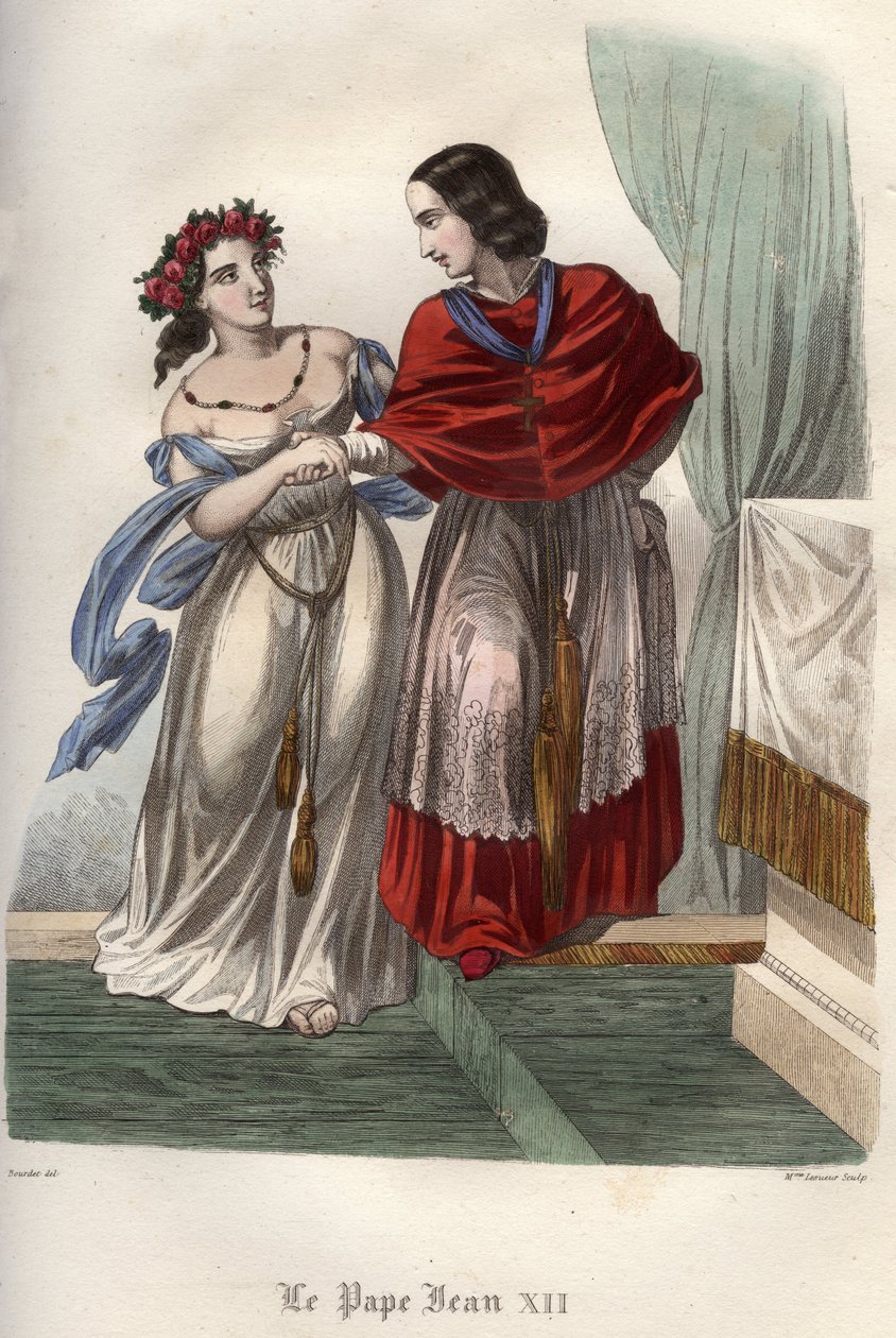 Incesto: Papa João XII (c.937-964) com sua avó, e suposta amante, Marozia (Mariuccia, Mariozza) (c. 890-c. 936). de Unknown artist