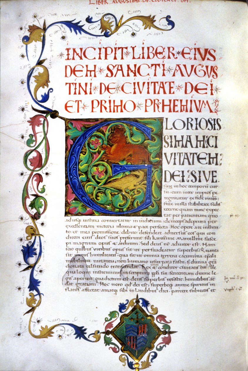 Incipito do manuscrito de "De civitate dei" de Santo Agostinho. Manuscrito do século XV. Milão, Bibl, Trivulziana. de Unknown artist