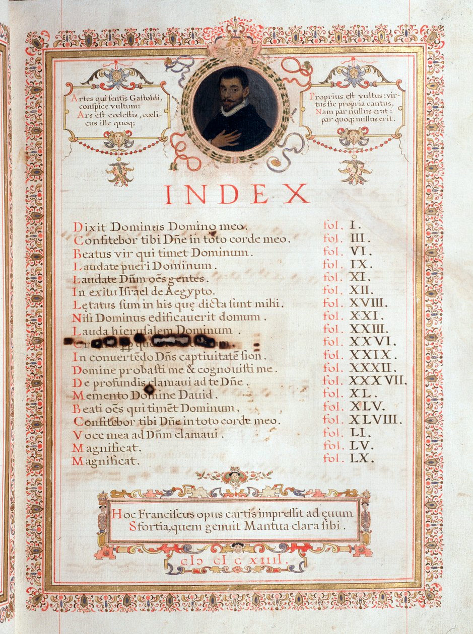 Página de índice com retrato de Giovanni Giacomo Gastoldi de Unknown artist