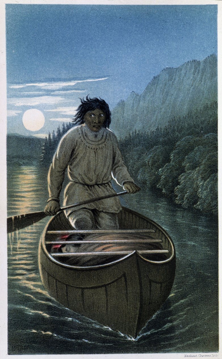 Canoagem Indiana em Noite de Lua Cheia - em "Exploração da Península do Labrador", por Hind de Unknown artist