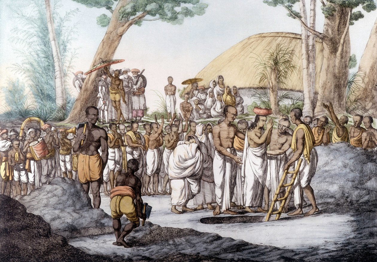 Cultura e Civilização Indiana: Viúva que está enterrada viva no túmulo do marido, na Índia. de Unknown artist