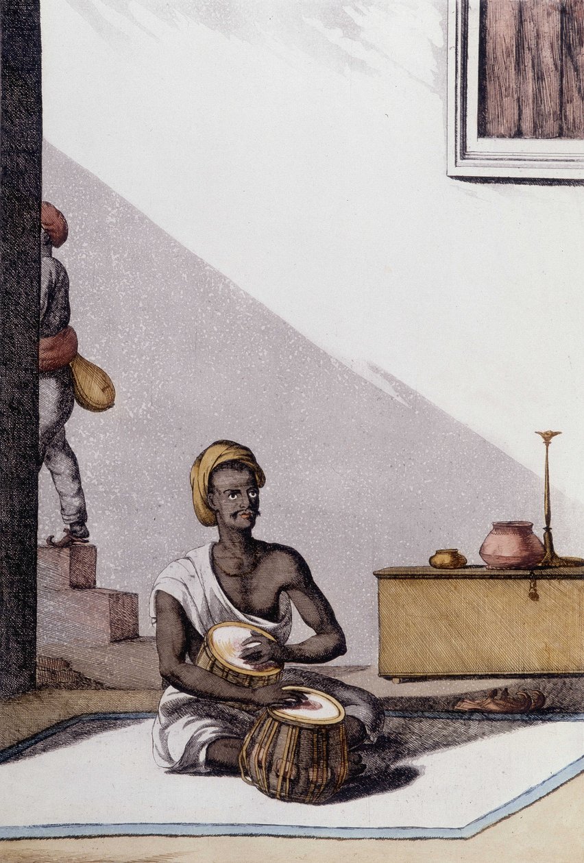 Cultura e civilização indiana: músico tocando tablas, instrumento musical tradicional, Índia. Gravura em 1808. de Unknown artist