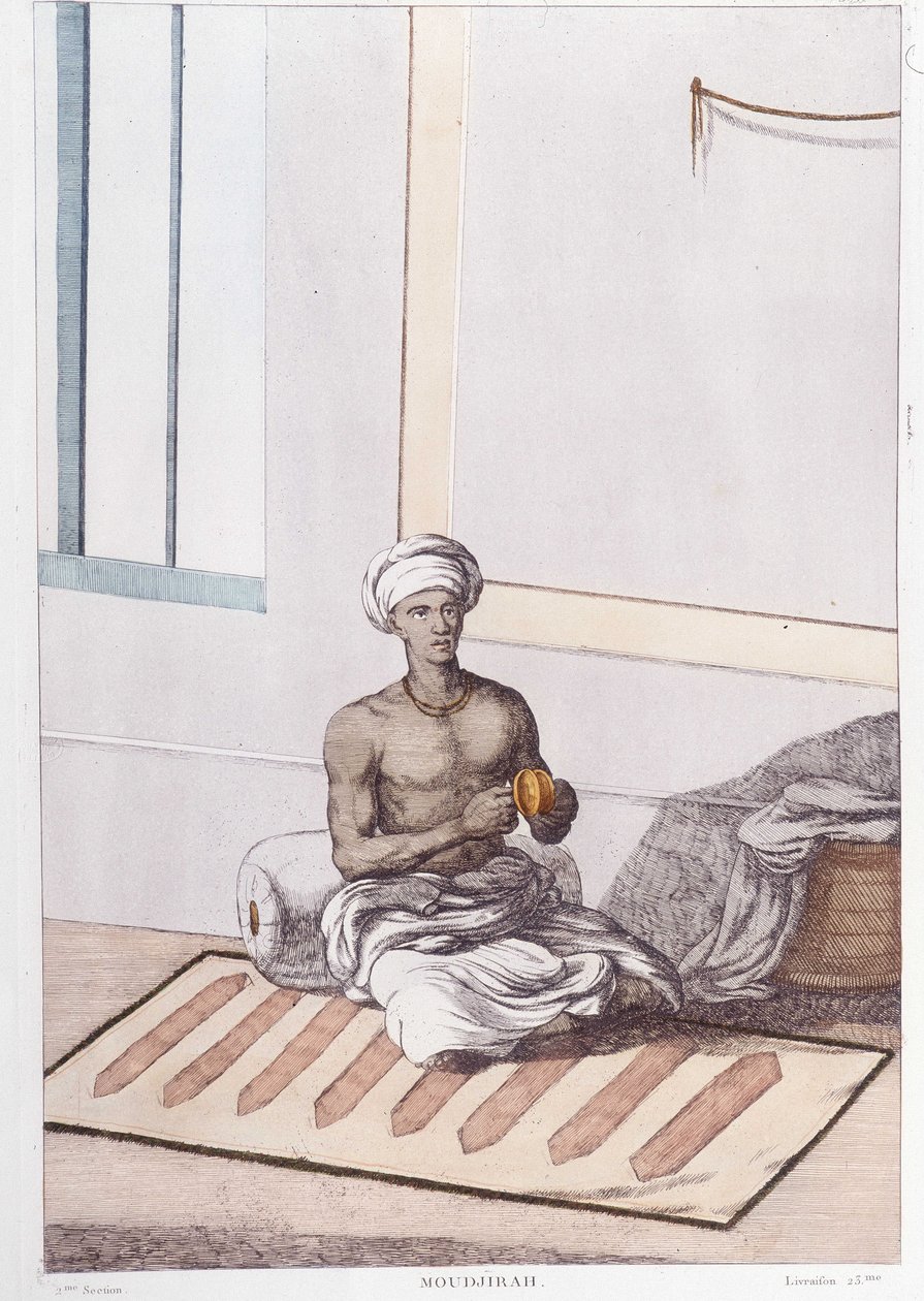 Cultura, civilização e sociedade indiana: músico com percussão indiana tradicional. Gravura a partir de 1808. de Unknown artist