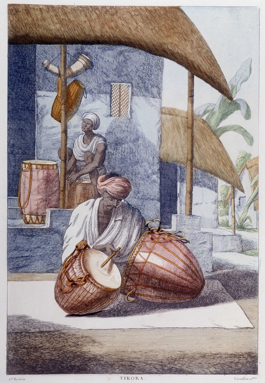 Cultura, civilização e sociedade indiana: músico com percussão tradicional indiana (Tikora). Gravura a partir de 1808. de Unknown artist