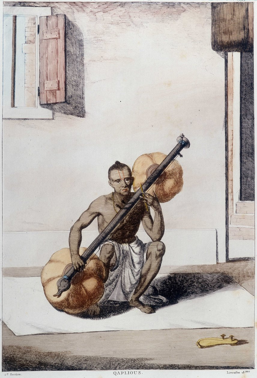 Cultura, civilização e sociedade indiana: músico com instrumento de cordas tradicional indiano. Gravura a partir de 1808. de Unknown artist