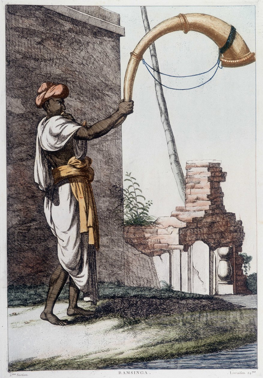 Cultura, civilização e sociedade indiana: músico com instrumento de sopro tradicional indiano (Sournae). Gravura a partir de 1808. de Unknown artist