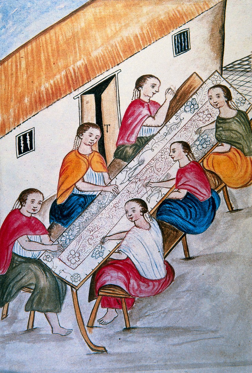 Trabalhadores indígenas costurando, do livro "Trujillo del Peru" ou "Códice Martínez Compañón", de Baltazar Martinez Compañón y Bujanda, bispo de Trujillo (1782-1785) de Unknown artist