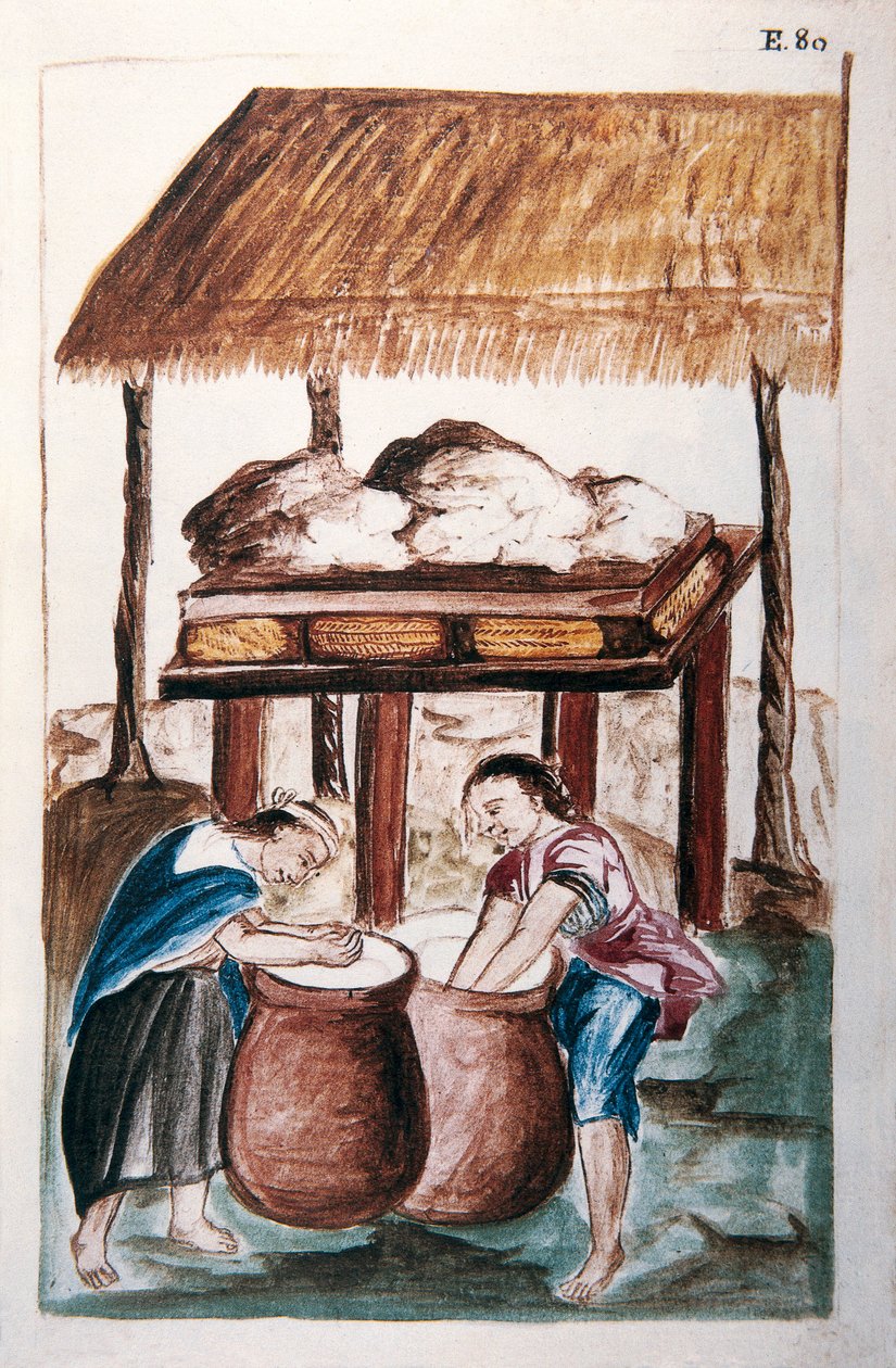 Índios fazendo queijo, do livro "Trujillo del Peru" ou "Códice Martínez Compañón", de Baltazar Martinez Compañón y Bujanda, bispo de Trujillo (1782-1785) de Unknown artist